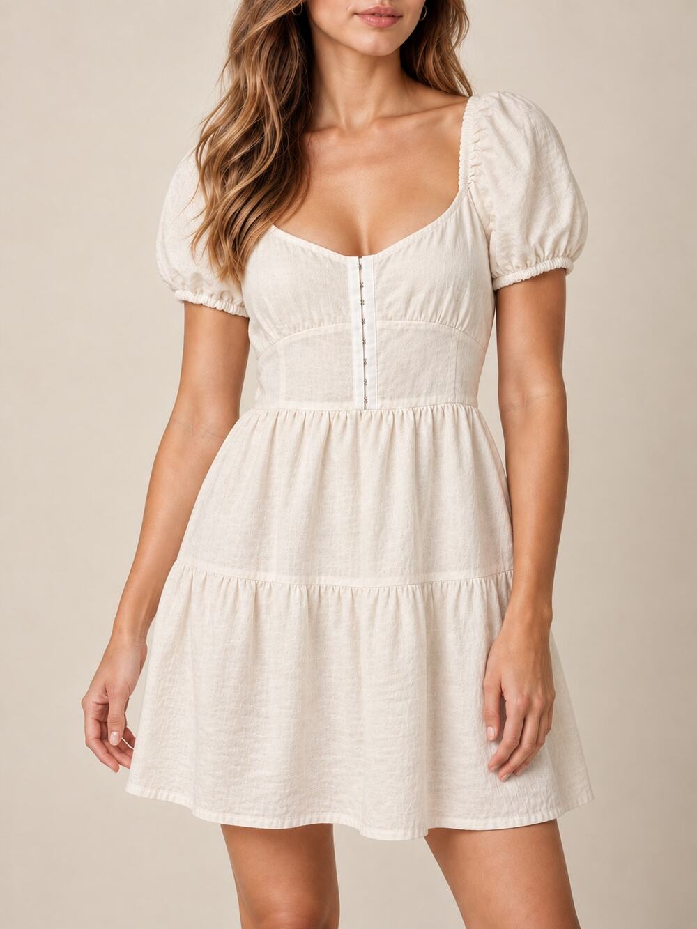 House of Harlow 1960 Linen Blend Dress Womens L Cream Smocked Tiered Babydoll